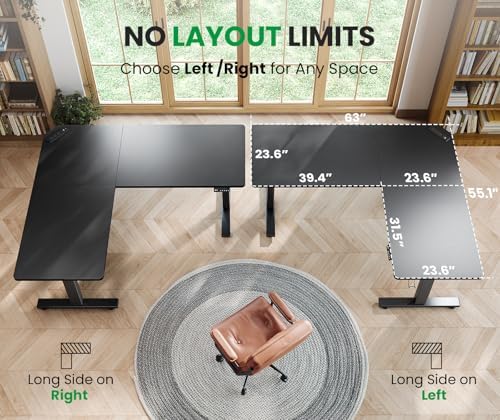 SIAGO L-Shaped Standing Desk - 63 x 55 Inch Adjustable Corner Standing Desk with Charging Station - L Shape Sit Stand Table with Memory Controller, Splice Board for Home Office (Pack of 2)