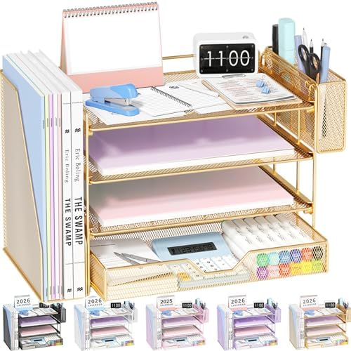 OPNICE Desk Organizers and Accessories, 4-Tier Desktop File Organizer with Drawer and Pen Holders, Office Desk Accessories Workspace Organizers for Office Supplies (Gold)