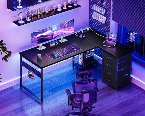 AODK 53" L Shaped Gaming Desk with 4 Drawers and Power Outlets, Black