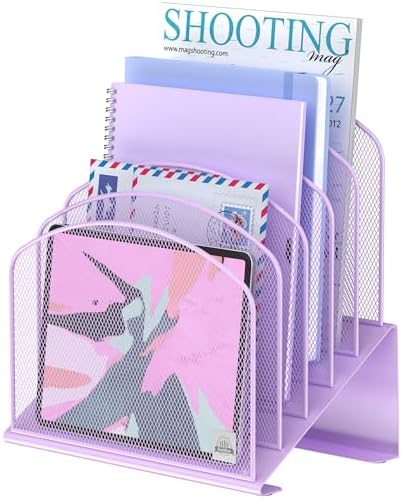 Delifox Inclined Desk File Organizer,Vertical File Folder Holder Stand Metal Rack File Sorter for Office Classroom Desktop Organization (1, Purple, 5)