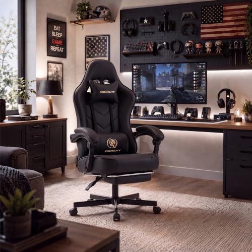 Desk Computer Gaming Chair - High Back Ergonomic Office Chair with Footrest and Lumbar Support, Swivel Comfy Home Gamer Video Game Chairs with Pocket Spring Cushion for Adults (Black Leather)
