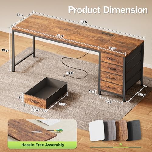 PRAISUN 63 Inch Computer Office Desk with Power Outelts and USB-C Port, Reversible Gaming Desk with 4 Fabric Drawers, Work Study Desk Work from Home, Rustic Brown