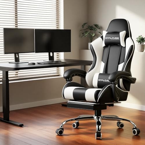 GTPLAYER Gaming Chair, Computer Chair with Footrest and Lumbar Support, Height Adjustable Game Chair with 360°-Swivel Seat and Headrest and for Office or Gaming (White)
