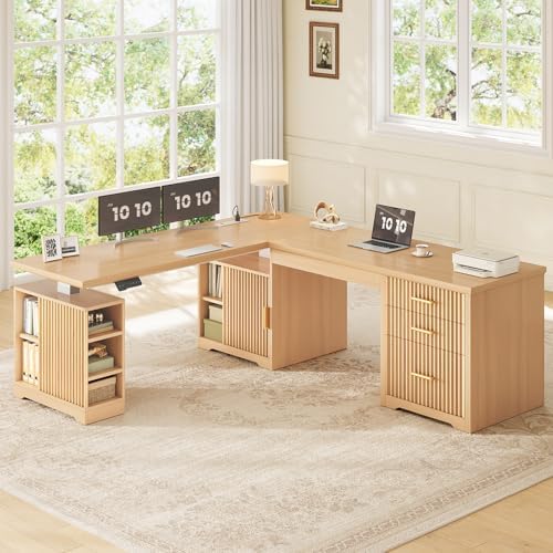 SEDETA Fluted L Shaped Electric Standing Desk, 63" x 67" Height Adjustable Home Office Executive Desk with Drawers and Shelves, Two Person Desk with Power Outlet for Home Office, Oak
