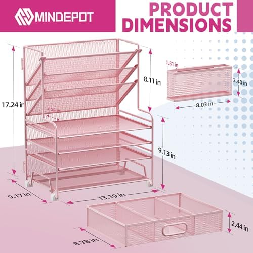 MINDEPOT 4-Tier Paper Organizer + 3-Pocket File Holder + Drawer + Pen Holders, Desktop File Organizers Paper Tray for Office Supplies School Classroom Organization (Pink, with Drawer & Pen Holder)