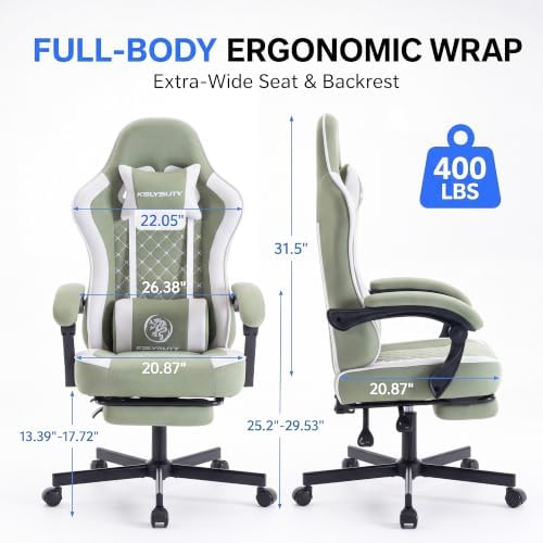 Desk Computer Gaming Chair - High Back Ergonomic Office Chair with Footrest and Lumbar Support, Swivel Comfy Home Gamer Video Game Chairs with Pocket Spring Cushion for Adults (Green Fabric)