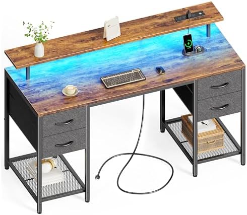 Huuger 55 inch Computer Desk with Power Outlets & 4 Drawers