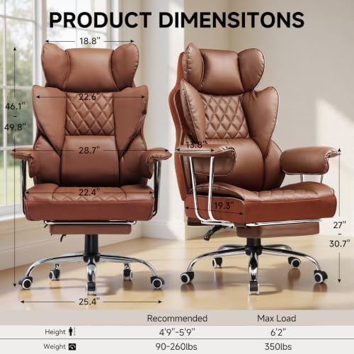 COMHOMA Big and Tall Office Chair, High Back Leather Gaming Chair with Footrest, Executive Ergonomic Office Chairs with Pocket Spring Lumbar Support and with Outward Fixed Soft Armrests