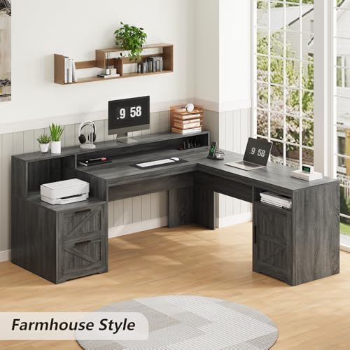 63" Farmhouse L Shaped Desk with Drawers & Printer Shelf for Home Office