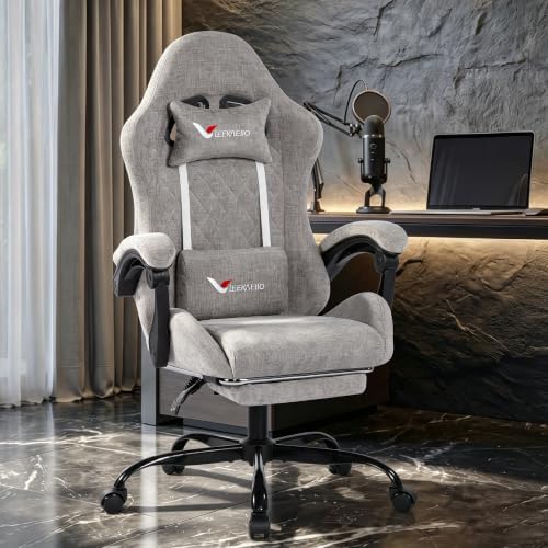 Fabric Gaming Chair for Adults, Ergonomic Computer Office Desk Chair with Footrest,Pocket Spring Cushion, Reclining High Back Silla Gamer for Home Office, Light Grey