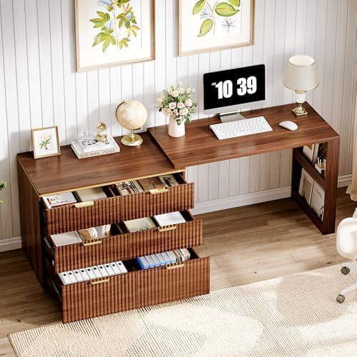 Ieejdn Computer Desk with 6 Drawers, 78" Modern Writing Desk with 0.98" Thickened Desktop & Storage Shelves, Adjustable direction & Extendable Executive Office Desk Study Table for Home Office, Walnut