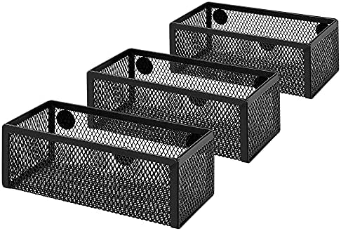 Amazon Basics Magnetic Storage Baskets, Mesh Organizers for Office Supplies and Workspace, 6" x 2.5" x 2.2", Black, 3-Pack