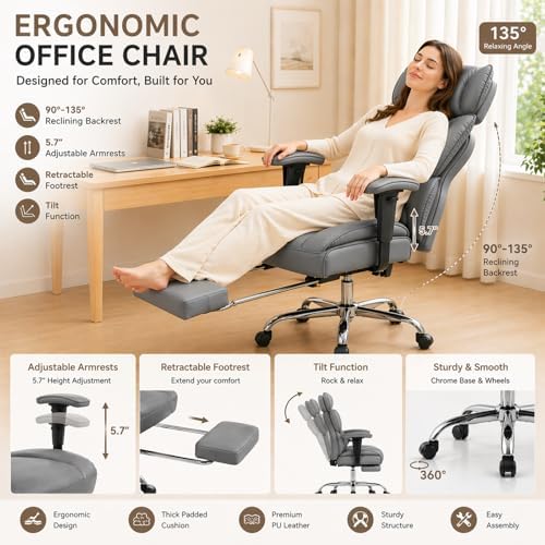 Big and Tall Office Chair 350 LBS, Scratch-Resistant PU Leather Executive Office Desk Chair with Footrest, Ergonomic Reclining Computer Chair with Pocket Spring Support for Home Office, Grey
