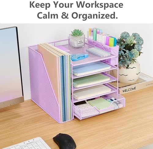 5-Tier Desk File Organizer with Drawer & Pen Holder (Purple)