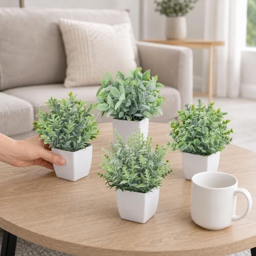 Der Rose 4 Pack 7" Mini Fake Plants, Artificial Plants for Bathroom Decor
