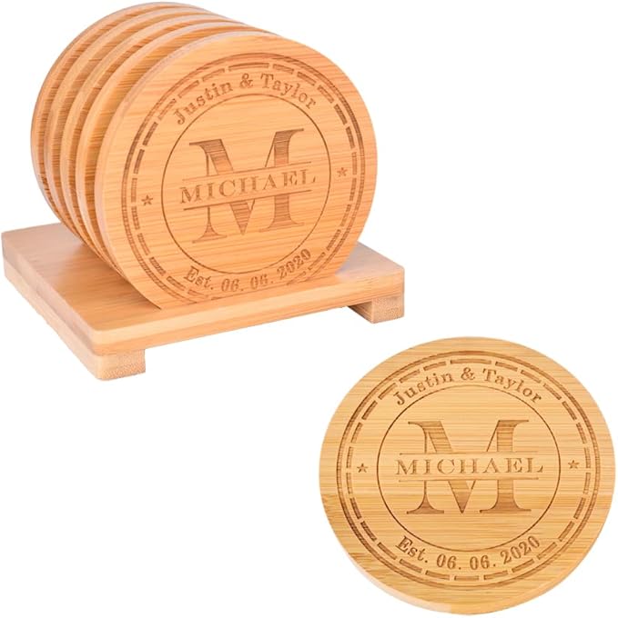 Personalized Bamboo Coasters, Custom Engraved Monogram Coasters with Holder, Great Gifts for Relatives, Friends or Yourself (Set of 6)