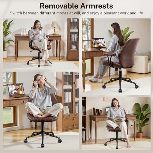 Leather Office Chair with Removable Armrests, Mid Back Ergonomic Desk Chair with Lumbar Support, Adjustable Height Rocking Swivel Executive Chair for Home Office,Reddish Brown