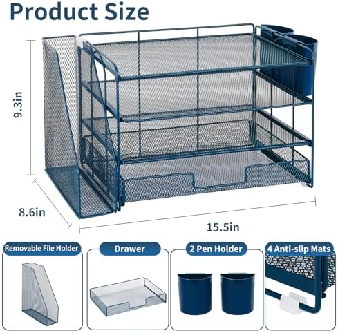 OPNICE Desk Organizer, 4-Tier Desktop File Organizer with Drawer and Pen Holders, Office Desk Accessories, File Sorters, Workspace Organizers for Office Supplies(Dark Blue)