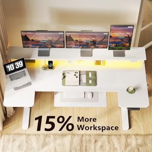 OffiGo 63 Inch U Shaped Electric Standing Desk with Keyboard Tray, White