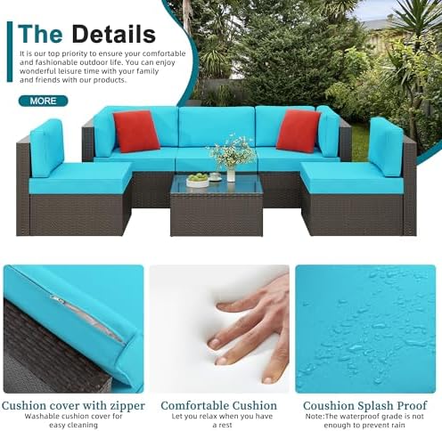 6 Pieces Patio Furniture Set Outdoor Couch Wicker Sectional Sofa, Blue