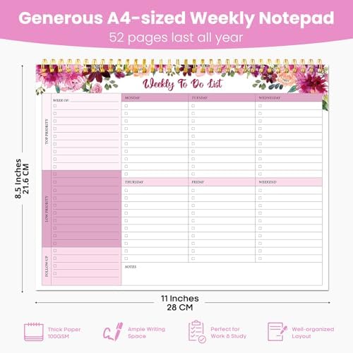 Weekly To Do List Notepad with 52 Undated Sheets（8.5"×11"）- Undated Weekly Planner Notepad for Office Desk Accessories and Supplies - Pink Whisper