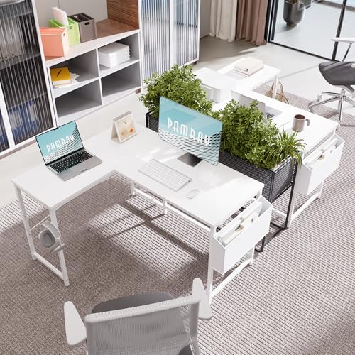 Pamray 47 Inch Reversible L Shaped Gaming Desk Corner Computer Desk with Storage Bag Home Office Table for Writing Study White