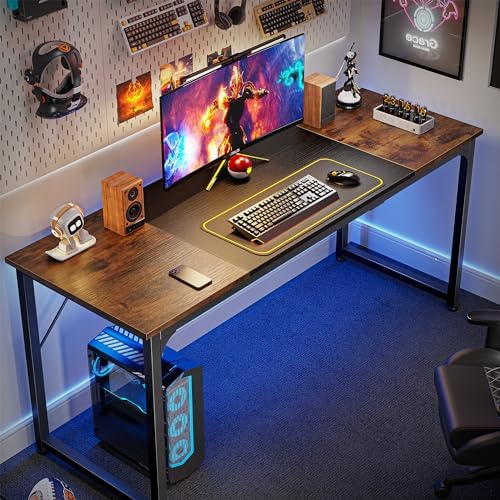 Huuger Computer Desk, 63 Inch Office Desk, Gaming Desk with Storage, Writing Desk Work Desk for Home Office, Study, Modern Simple Desk, Large Legroom, Metal Frame, Rustic Brown and Black