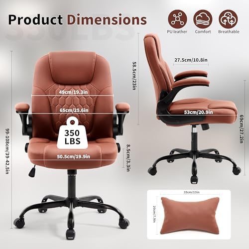 Leather Office Chair Swivel Lumbar Support for Short People Brown