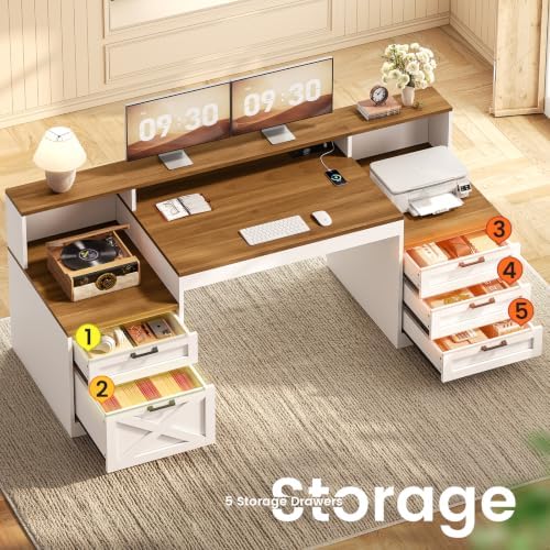 SEDETA 63" Farmhouse Office Desk with 5 Drawers, White and Brown