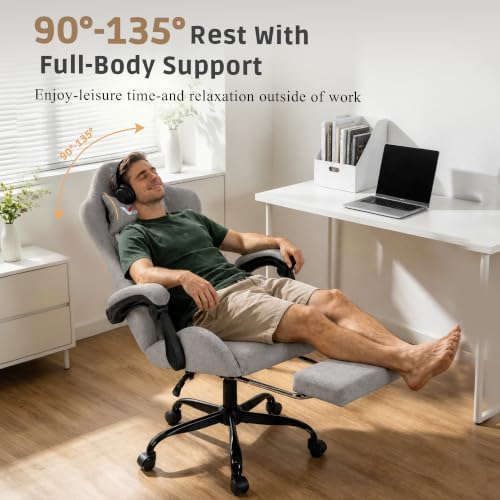 Fabric Gaming Chair for Adults, Ergonomic Computer Office Desk Chair with Footrest,Pocket Spring Cushion, Reclining High Back Silla Gamer for Home Office, Light Grey