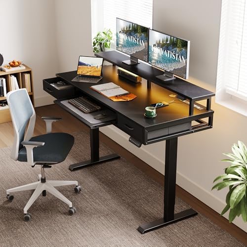 AODK 55 Inch Electric Standing Desk with Drawers & Keyboard Tray, Black