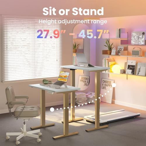 HUANUO 32x19 Inch Small Electric Desk, Adjustable, White & Gold Frame