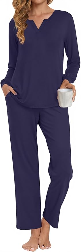 Anyally Women's Plus Size Pajama Sets Ladies Fall Pjs 2 Pieces Lounge Outfits V Neck Long Sleeves Sleepwear with Pockets