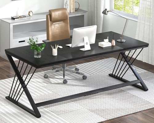 FOLUBAN 70.9" Black Computer Desk, Modern Home Office Desk, Large Gaming Workstation Executive Desk with Z-Shaped Legs, 2 Person Large Study Writing Table for Bedroom