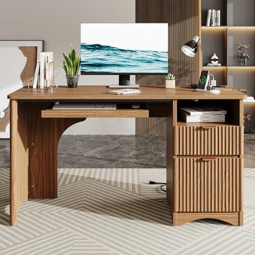 Bestier 55 Inch Computer Desk with Drawers, Power Outlet, Brown Oak