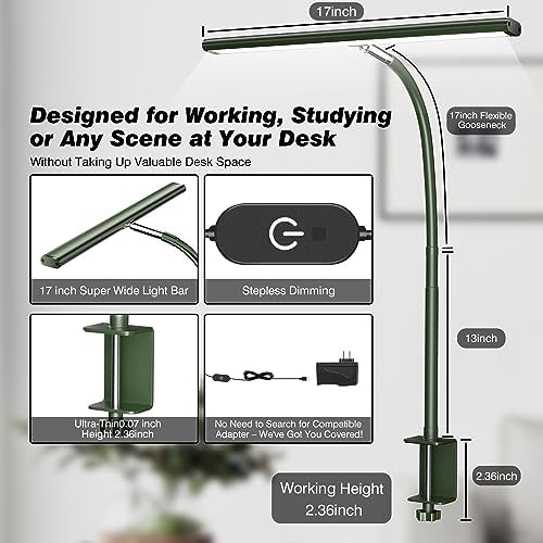 Airlonv LED Desk Lamp with Clamp, 17" Stepless Dimming Light, Green