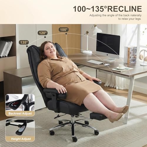 EXCEBET Big and Tall Office Chair 400lbs Wide Seat, Leather High Back Executive Office Chair with Foot Rest, Ergonomic Chairs Lumbar Support for Lower Back Pain Relief (Black)