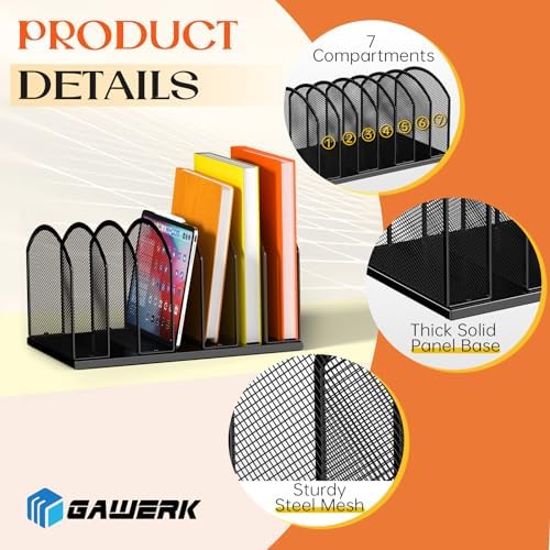 Gawerk 7-Section Metal Upright File Sorter Organizer, Office Small Letter Sorter Desktop File Organizer Metal Mesh Iron Sole, Black