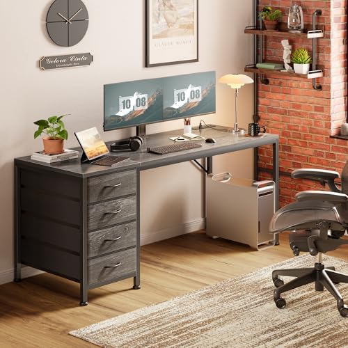 PRAISUN 55.1 Inch Computer Office Desk with Power Outelts and USB-C Port, Reversible Gaming Desk with 4 Fabric Drawers, Work Study Desk Work from Home, Grey