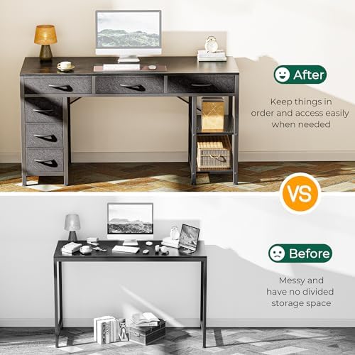 Huuger Computer Desk with 6 Drawers, Office Desk with Shelves, Reversible Gaming Desk, Corner Desk with Storage, Work for Home Office, Study, Living Room, 47inch, Black