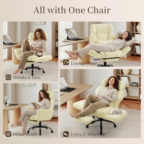 Office Chair with Flip Armrests,Big and Tall Office Chair with Foot Rest,Extra Wide Seat & Lumbar Pillow,Ergonomic Computer Gaming Chair,Comfy Criss Cross Chair for Pets Sitting,Teddy Fleece,Yellow