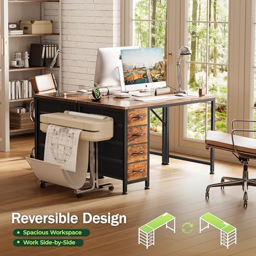 PRAISUN 39.4 Inch Computer Office Desk with Power Outelts and USB-C Port, Reversible Gaming Desk with 4 Fabric Drawers, Work Study Desk Work from Home, Rustic Brown