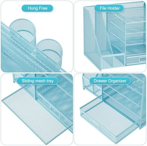 Marbrasse Desk Organizer with File Holder, 5-Tier Paper Letter Tray Organizer with Drawer and 2 Pen Holder, Mesh Desktop Organizer and Storage with Magazine Holder for Office Supplies(Blue)
