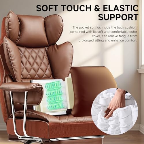 COMHOMA Big and Tall Office Chair, High Back Leather Gaming Chair with Footrest, Executive Ergonomic Office Chairs with Pocket Spring Lumbar Support and with Outward Fixed Soft Armrests