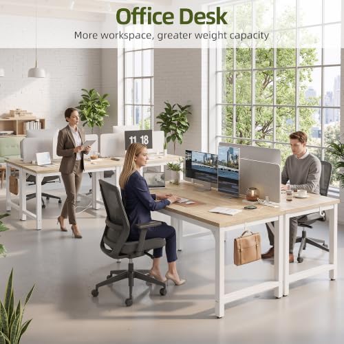 TIQLAB 55 x 30 Inch Extra-Deep Computer Desk with Power Outlets, Heavy-Duty Office Desk, Wide Gaming & Work Desk for Home Office, Maple