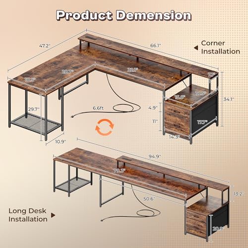 PRAISUN 66" L Shaped Gaming Desk with LED Lights & Power Outlets