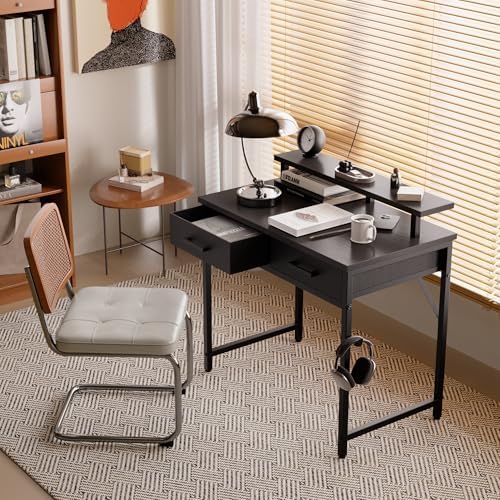 Pamray 32 Inch Small Computer Desk with Monitor Stand and 2 Drawers