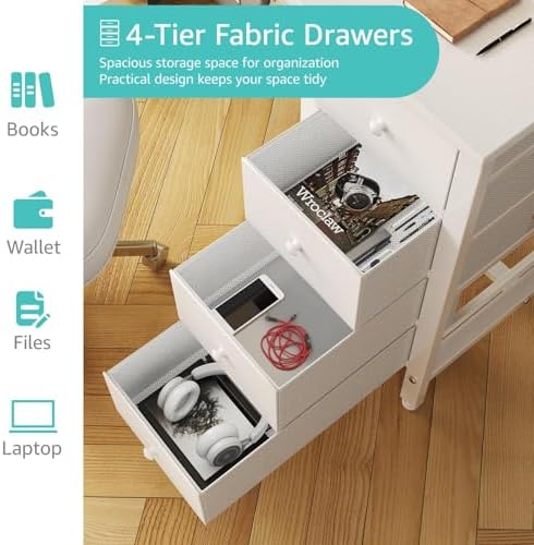 Lufeiya Small White Desk with Drawers for Bedroom, 40 Inch Kids Girls Study Desks, Reversible Computer Writing Nail Table with Fabric Drawer for Small Spaces Home Office Manicure