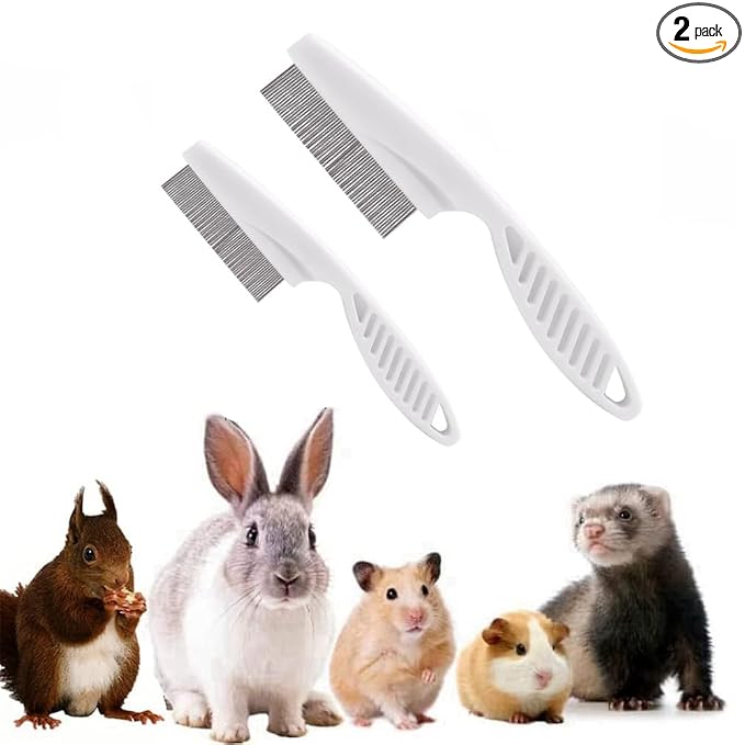 2PC Hamster Grooming Comb - Stainless Stell Face Flea Comb Fine Tooth Tear Stain Remover Removes Crust, Mucus, Stains, Face Brush for Chinchillas, Ferrets, Guinea Pigs, Rabbits (White)