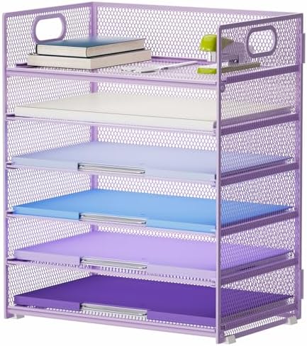 Marbrasse 6 Tier Paper Organizer Letter Tray - Mesh Desk File Organizer with Handle, Paper Sorter for Letter/A4 Office File Folder Holder - Purple